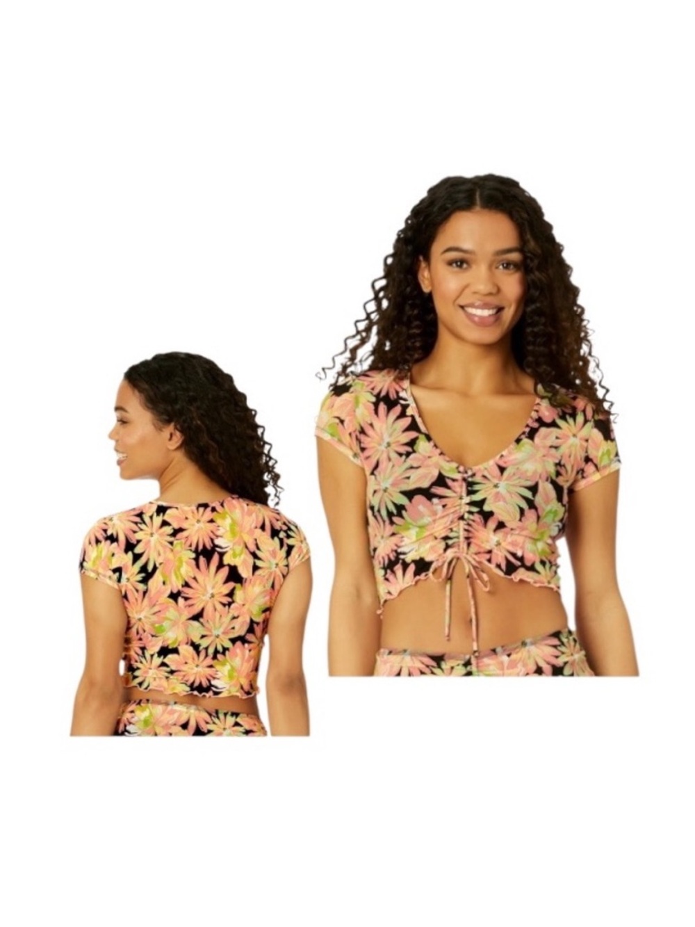 Celebrity Pink Swim Coverup Short Sleeve Tie Front Crop in Pink and Orange
